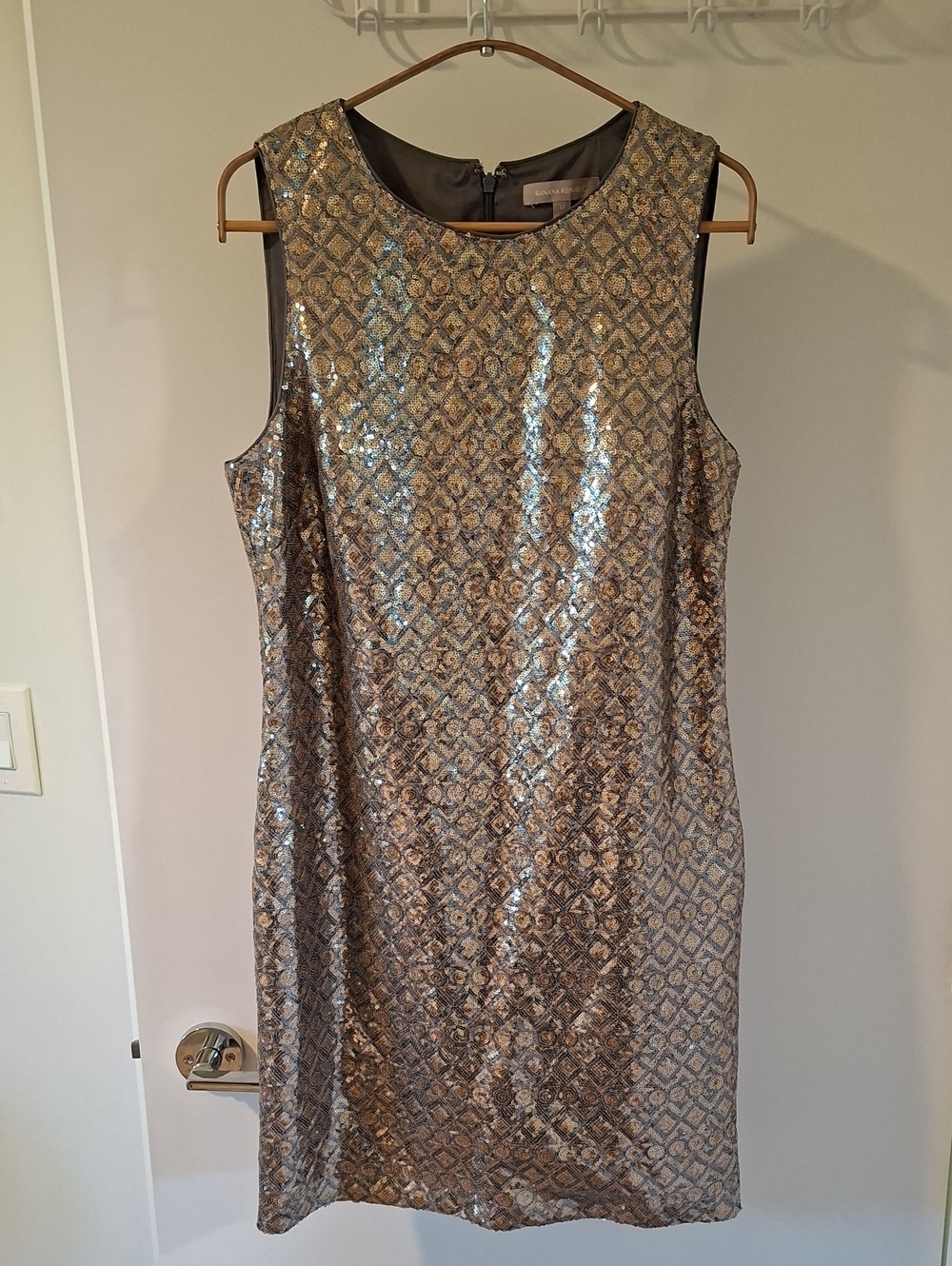 Banana Republic Silver & Gold Sequin Geo Print Mini Shift Dress (Size US 12)